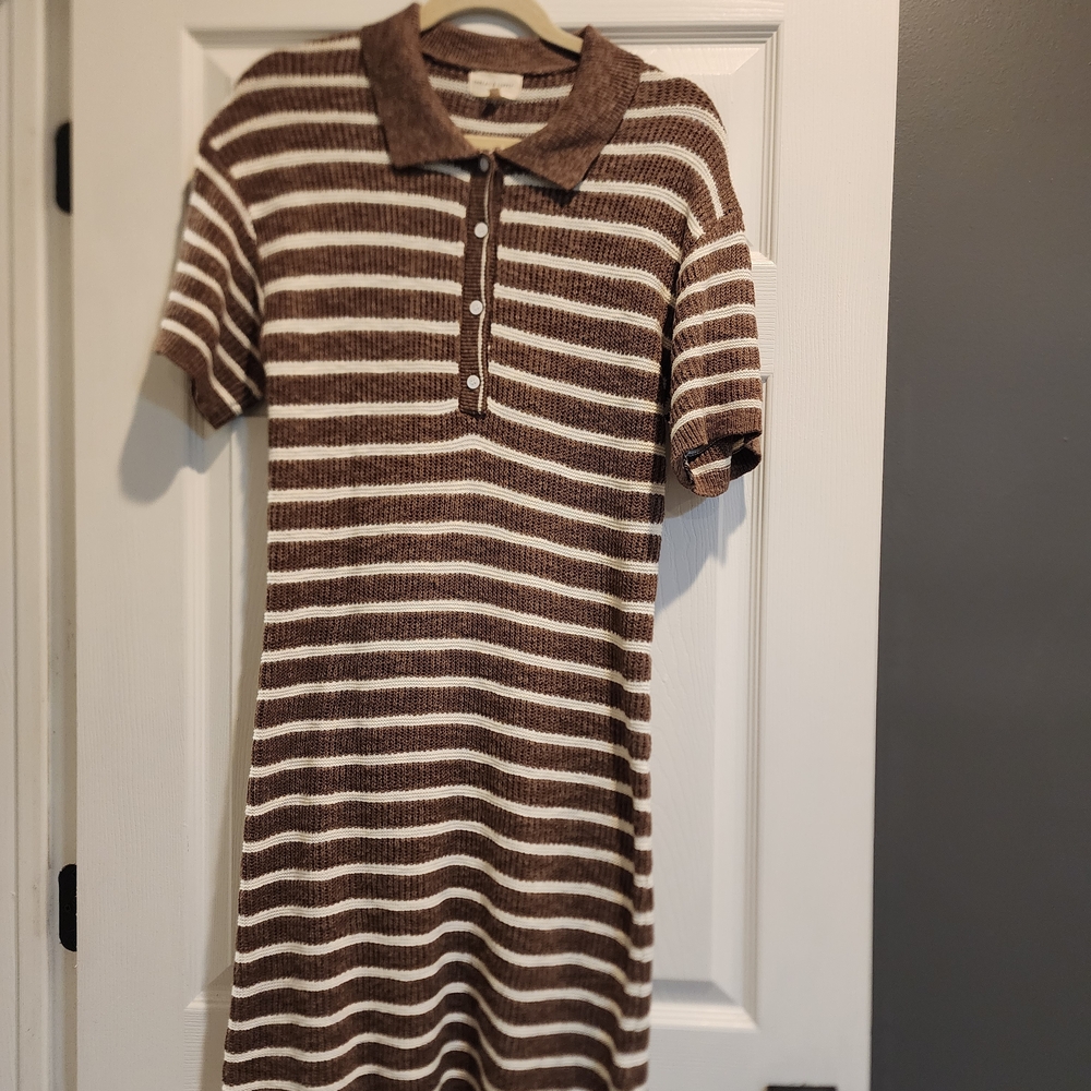 Brown Striped Lightweit Knit Polo Dress
